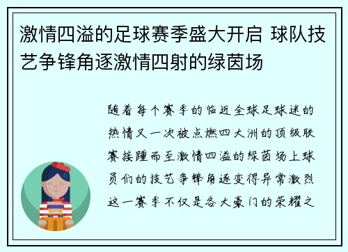 激情四溢的足球赛季盛大开启 球队技艺争锋角逐激情四射的绿茵场